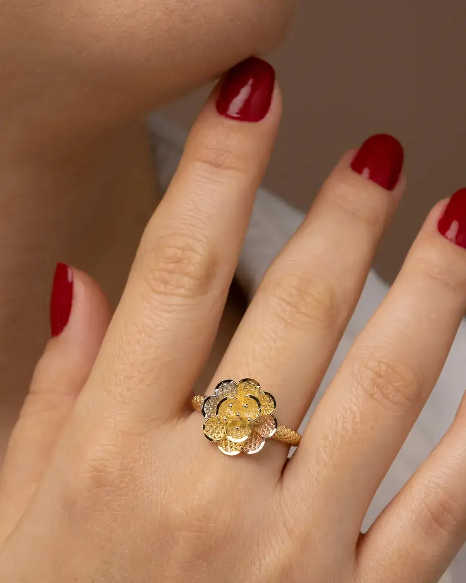 Anel Flor Diamantado Vazado Filigrana — semijoia bruta diamantados da Santana Brutos, atacado para lojistas