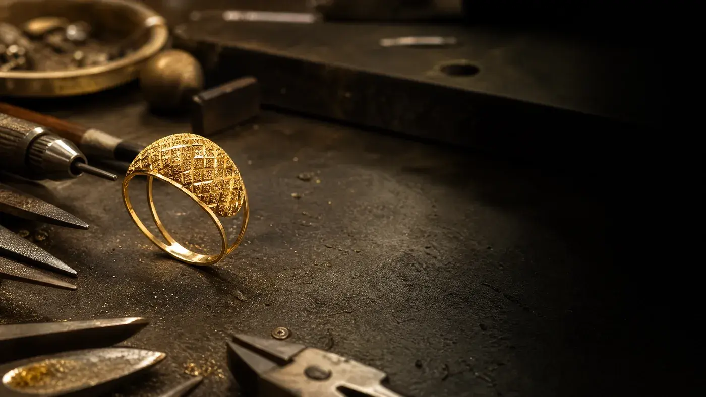 Anel em ouro com acabamento diamantado sobre bancada de ourivesaria, mostrando a textura que cria o brilho