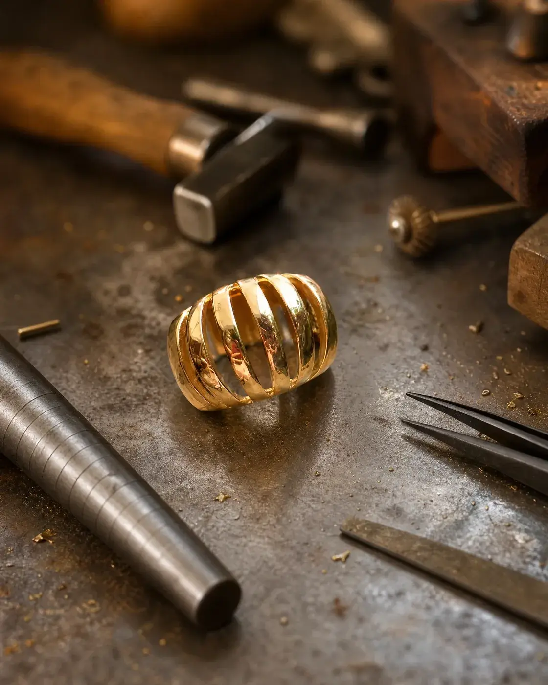 Anel dourado com acabamento diamantado em detalhe sobre a bancada do ourives